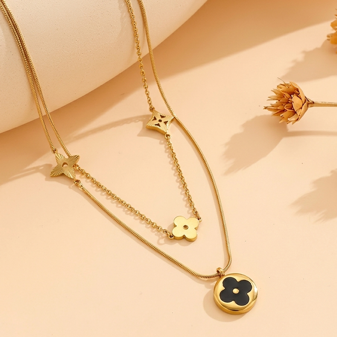 black cleef layered pendant necklace everyco | black clover necklace Pakistan gold design | layered pendant necklace for women in Pakistan