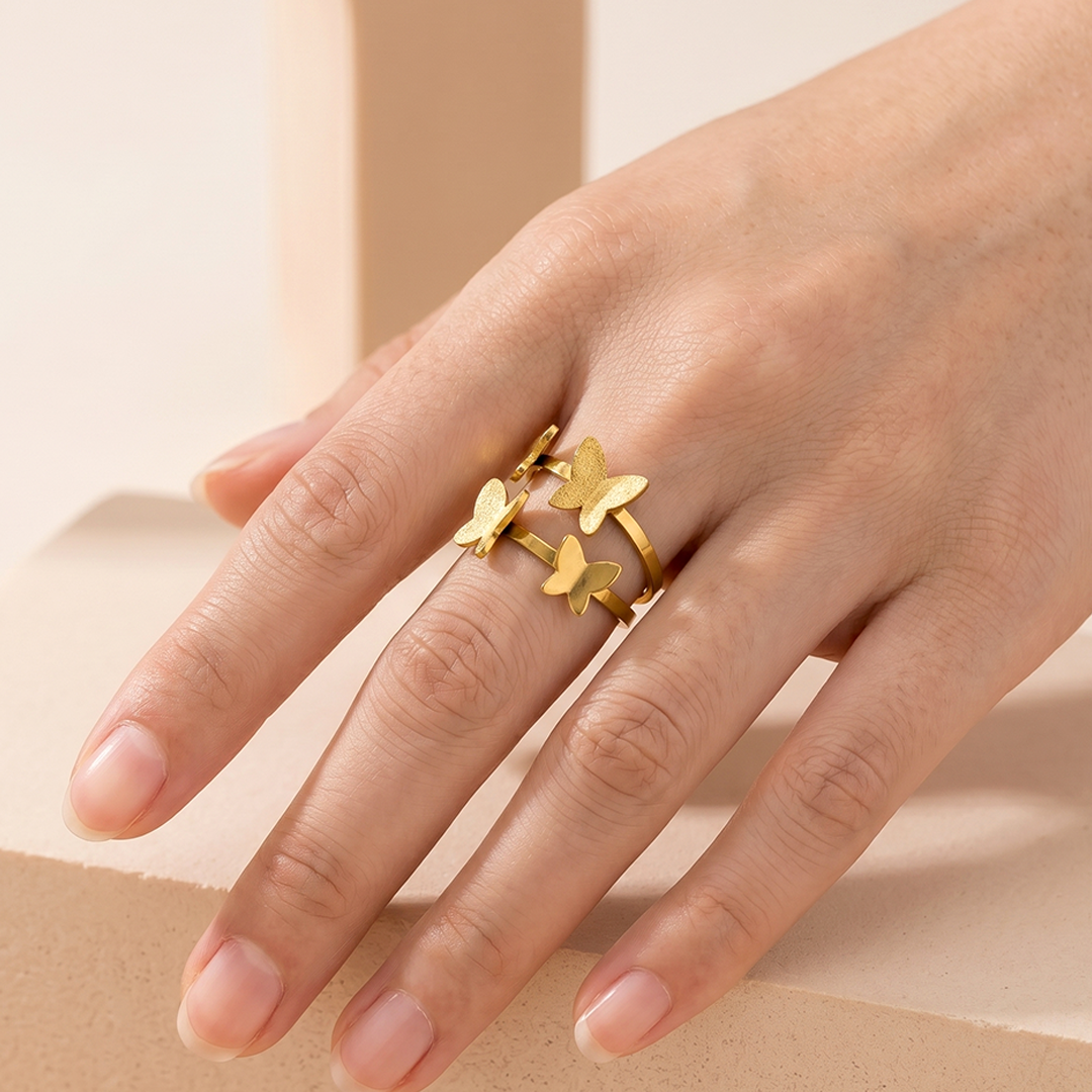 Golden Multi-Butterfly Adjustable Statement Ring