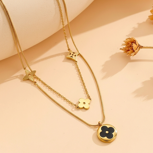 black cleef layered pendant necklace everyco | black clover necklace Pakistan gold design | layered pendant necklace for women in Pakistan