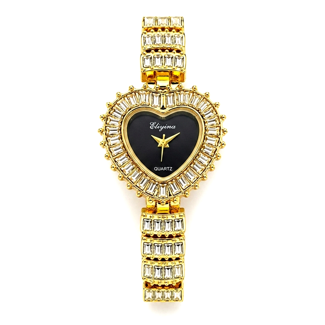 black dial heart crystal watch everyco | gold crystal watch for women Pakistan | heart shaped ladies watch gold | elegant women quartz watch Pakistan