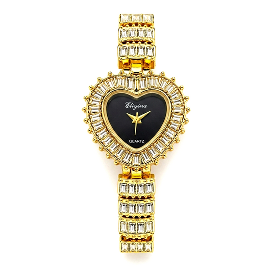 black dial heart crystal watch everyco | gold crystal watch for women Pakistan | heart shaped ladies watch gold | elegant women quartz watch Pakistan