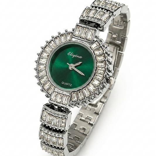 Eliyina Emerald Dial Watch - Silver