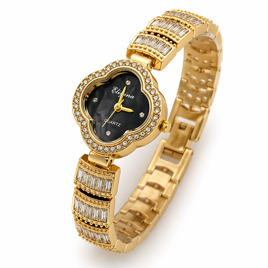 Eliyina Gold Crystal Clover Watch - Black Dial