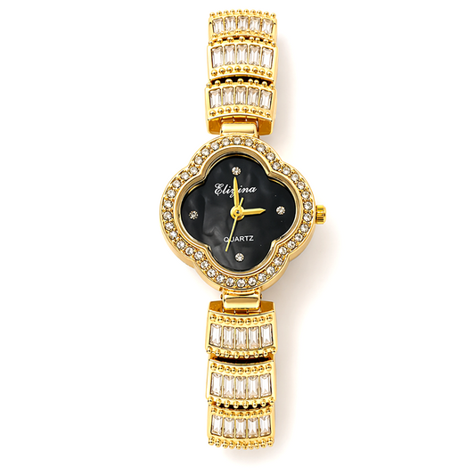 Eliyina Gold Crystal Clover Watch - Black Dial