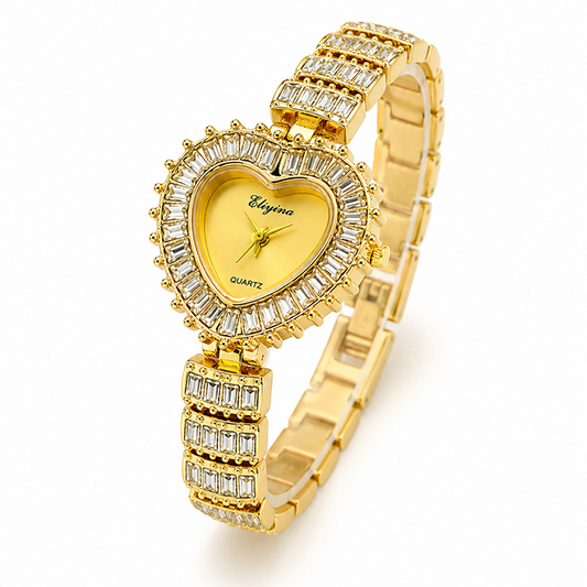 Gold Dial Heart Crystal Watch