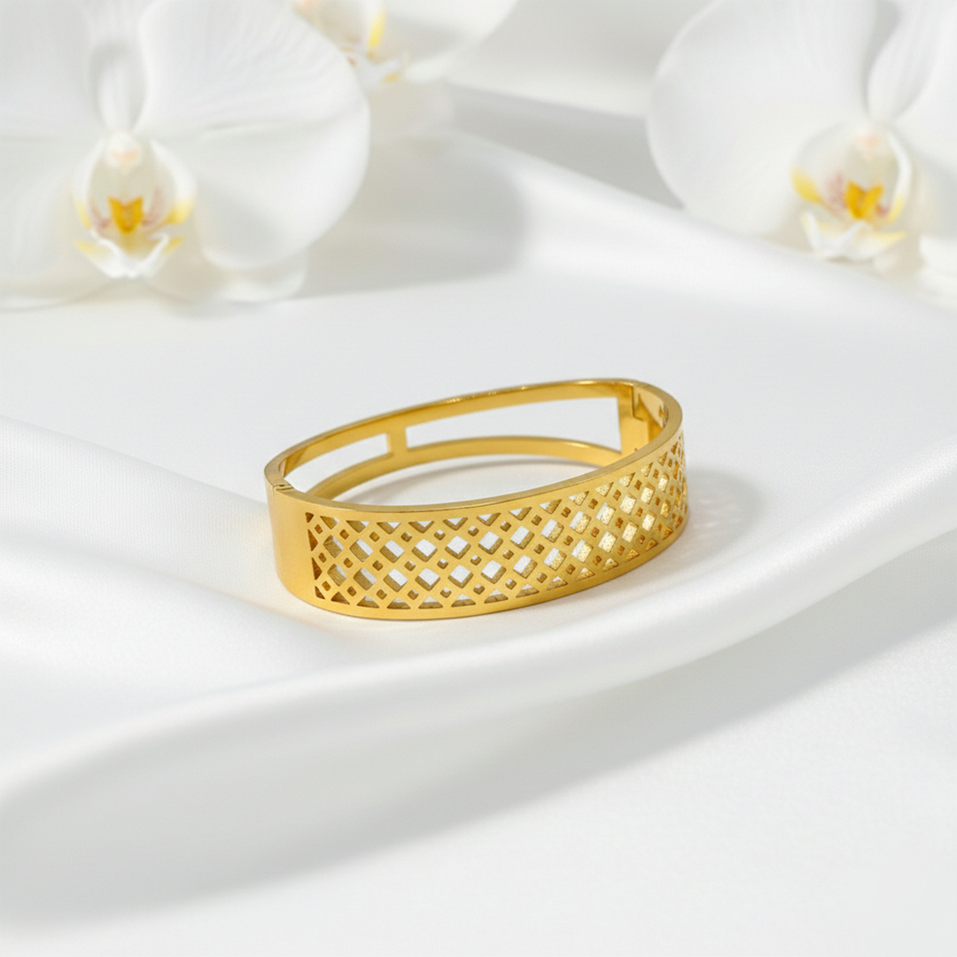Gold Geometric Lattice Bangle