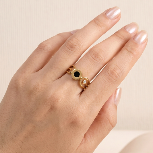 Onyx & Crystal Gold Ring