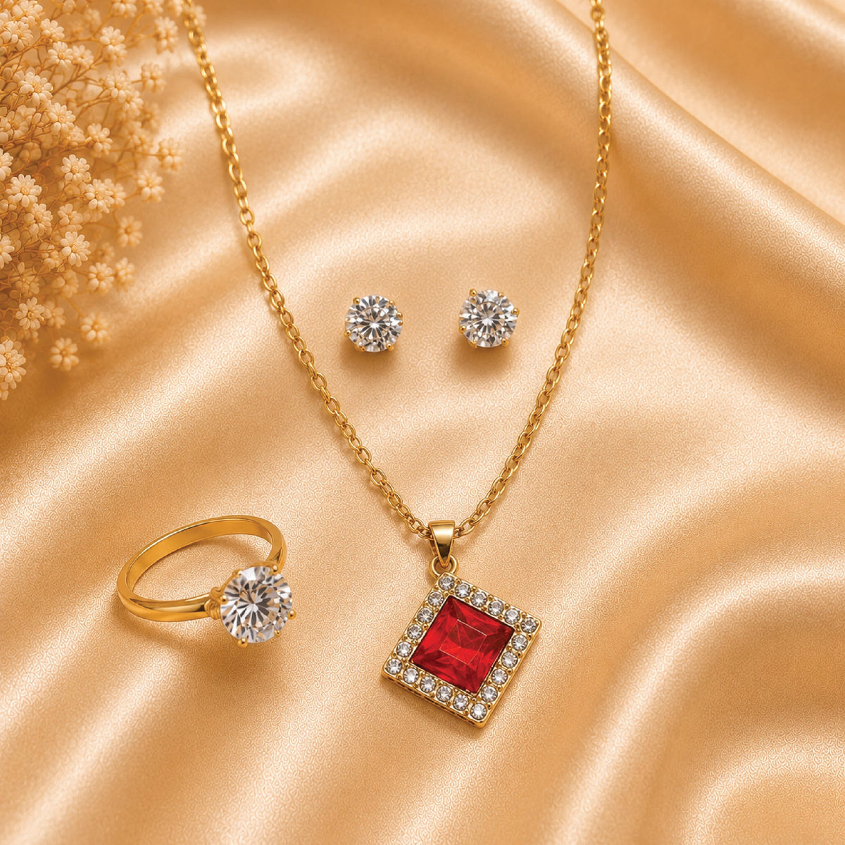 Red Stone Gold Locket Set