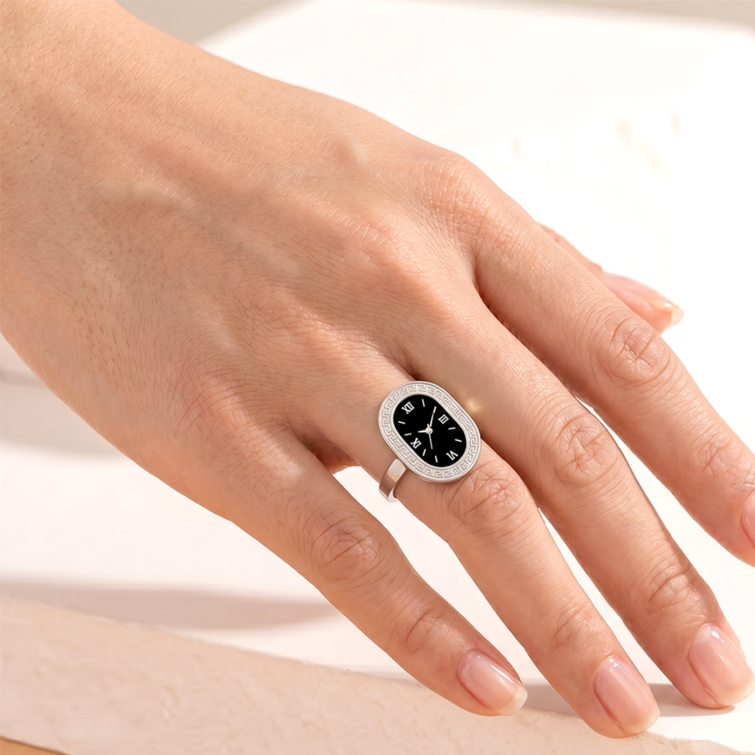 Classic Silver Oval Watch Ring with Greek Key Detail