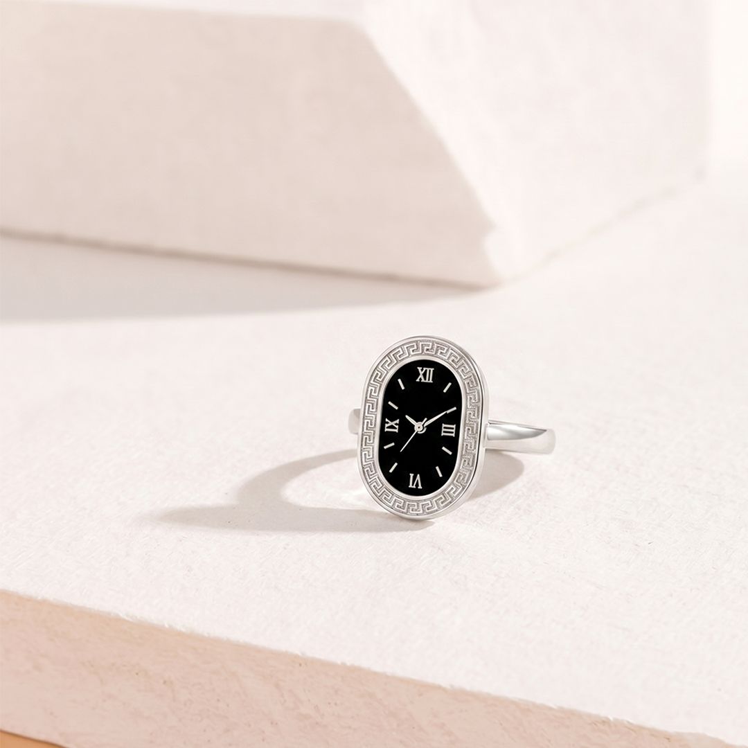 Classic Silver Oval Watch Ring with Greek Key Detail