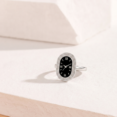 Classic Silver Oval Watch Ring with Greek Key Detail