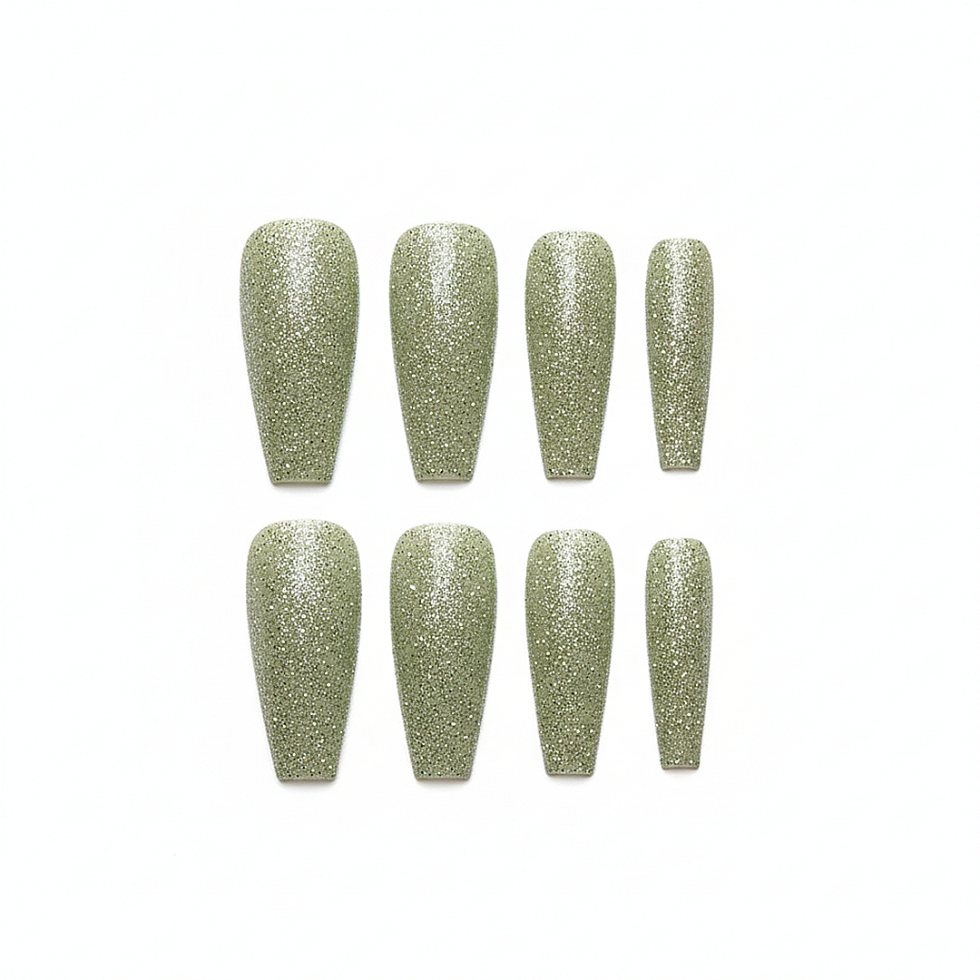 Sage Glitter Coffin Press-On Nails