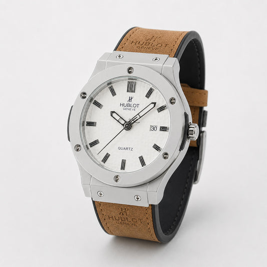 Silver Dial Brown Strap Watch