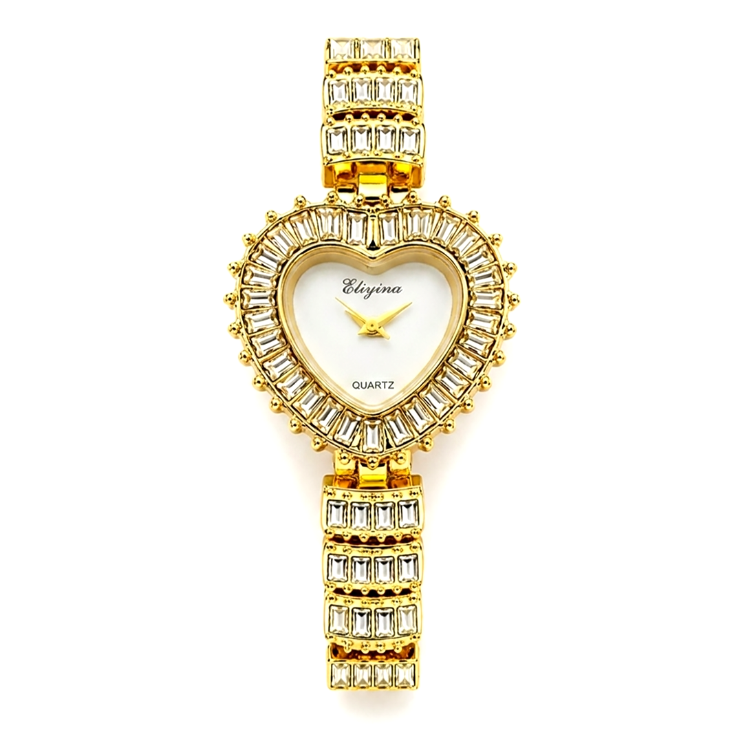 white dial heart crystal watch everyco | gold crystal watch for women Pakistan | heart shaped ladies watch gold | elegant women quartz watch Pakistan