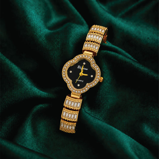 Eliyina Gold Crystal Clover Watch - Black Dial