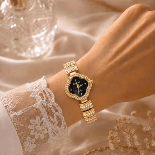Eliyina Gold Crystal Clover Watch - Black Dial