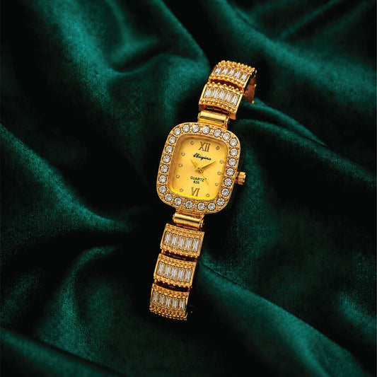 Eliyina Gold Crystal Square Watch - Gold Dial