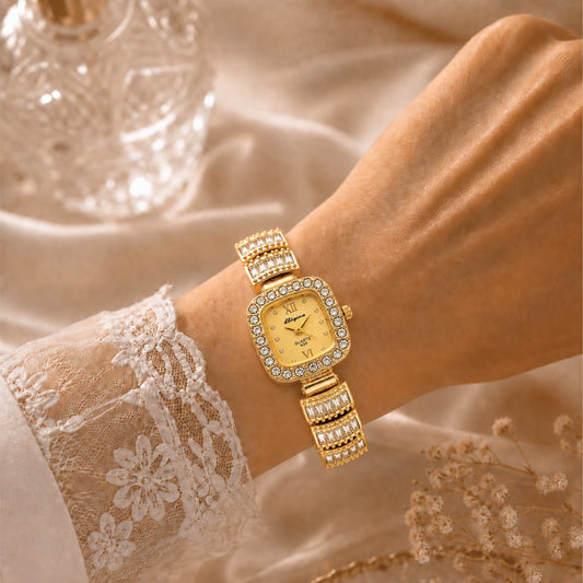 Eliyina Gold Crystal Square Watch - Gold Dial